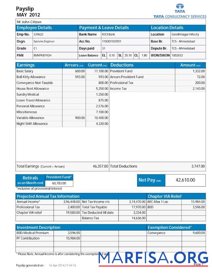 Printable India TATA Consultancy Services payslip sample